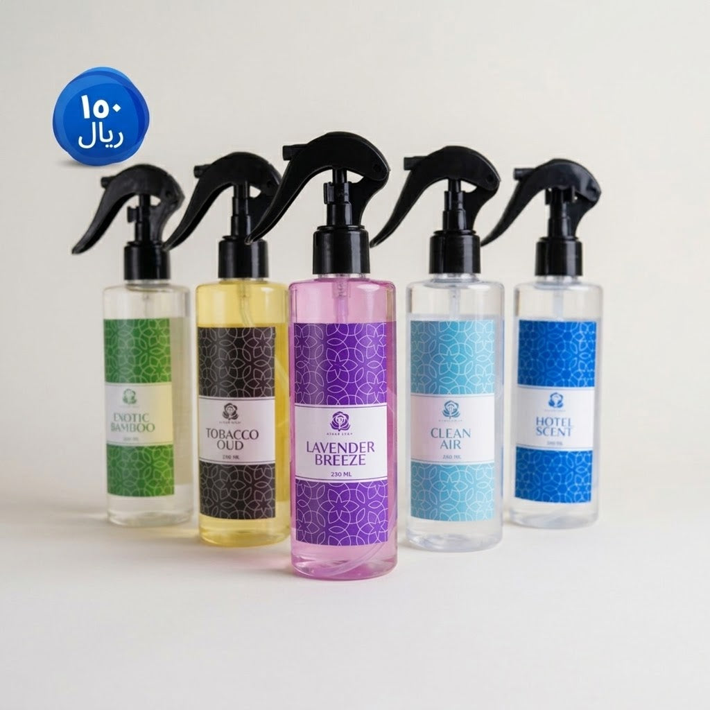 A package containing 5 luxurious hotel perfume sprays from Zahrat Adhar, each with a capacity of 250 ml. Distinctive scents for linens and atmosphere that give your home the ambiance of upscale hotels.